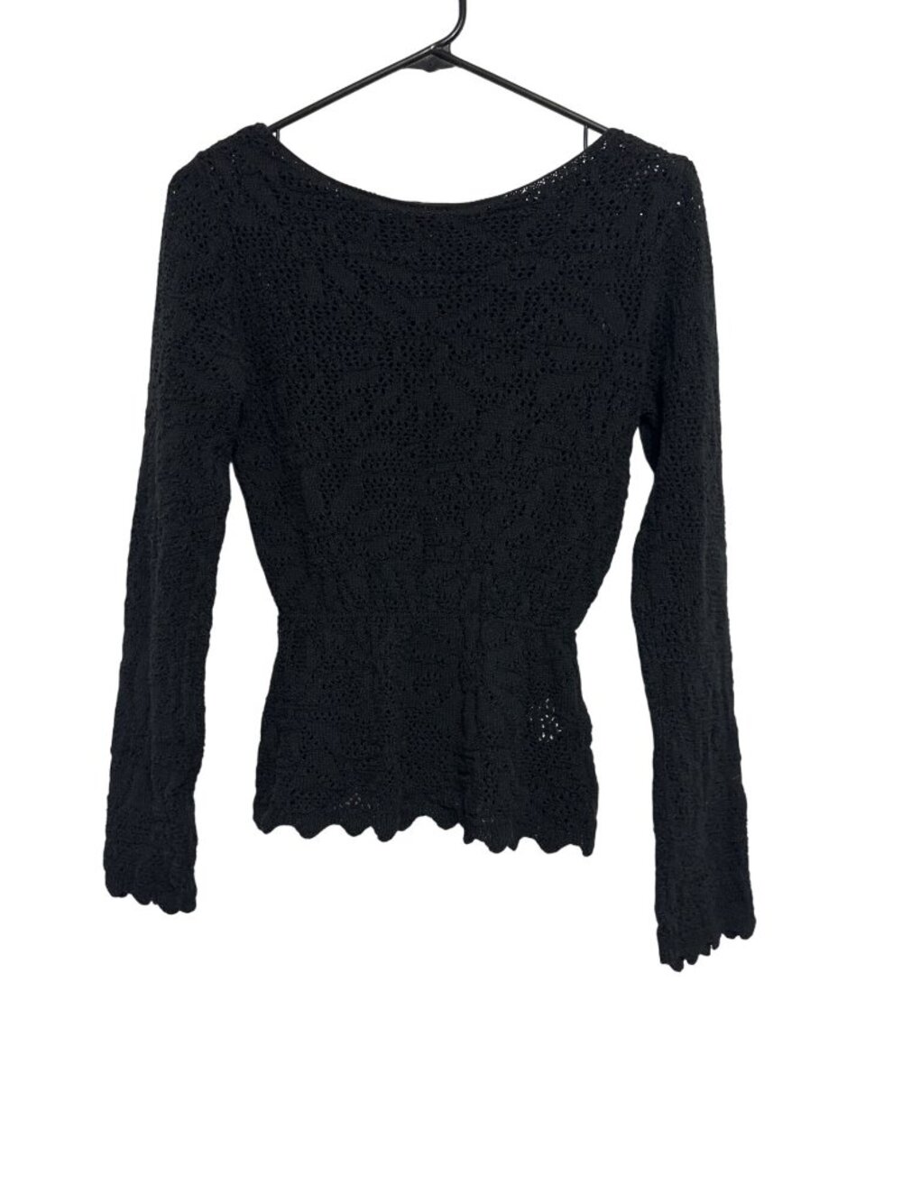 Black Lindex Crochet Lace Long Sleeve Top Sz Small Scalloped Hem Elegant Design